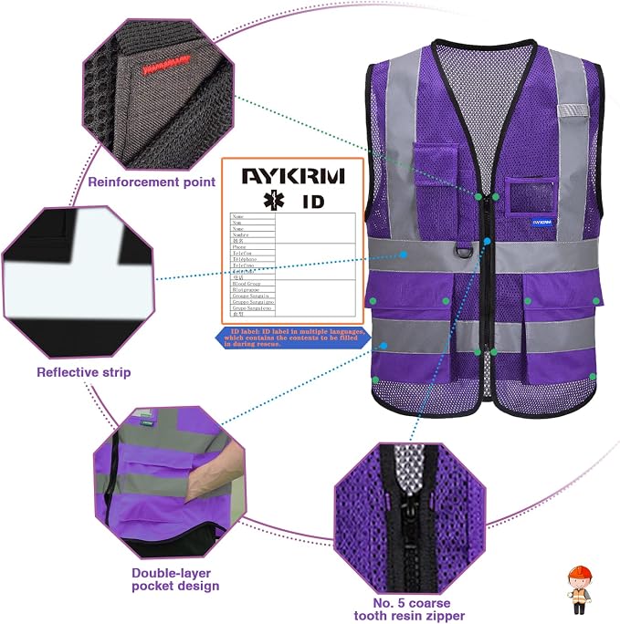 A-SAFETY Hi-Vis Mesh Vest with Breathable, Black Front Zipper, Purple, 3XL | Purple 3XL mesh vest with reinforced pockets, clear ID holder and mic tabs for laboratory safety and material handling.