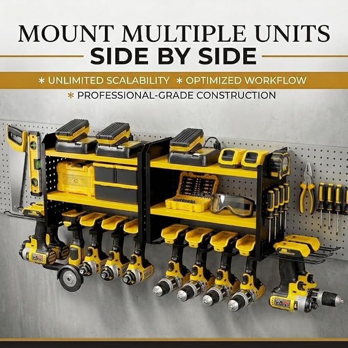 BUILTSTRONG Power Tool Organizer Wall Mount – 3-Tier Heavy-Duty Steel Rack, 6 Drill Slots, Dual Pegboard Sides, Side-by-Side Modular, 100 lb Capacity – Garage & Workshop (Yellow)