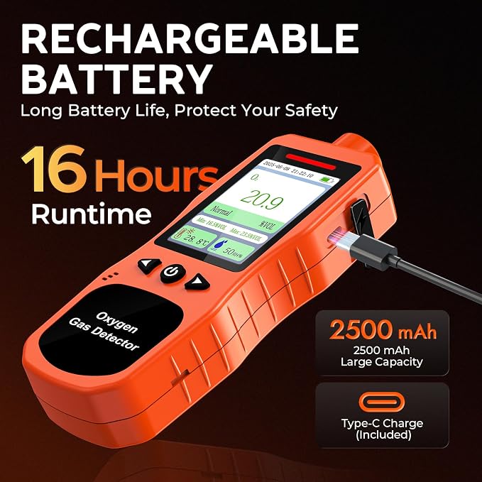Portable Oxygen Detector 0-30%, Rechargeable O2 Monitor with Sound, Light, Vibration Alarms, Oxygen Air Quality Meter Measures Temperature & Humidity for Indoor Outdoor Use
