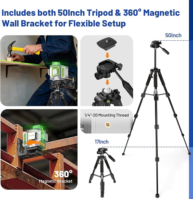 Huepar Pro Laser Level 360 Self Leveling with 50inch Tripod, 3 x 360° High Brightness Green Laser Leveler Tool for Construction, Tile and Picture Hanging, Rechargeable Battery & Magnetic Bracket