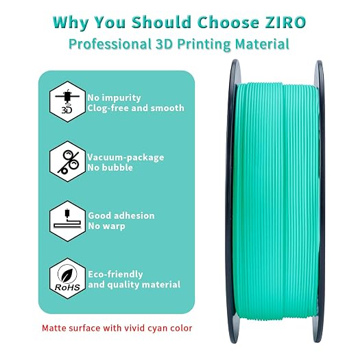 ZIRO Matte PLA Filament 1.75mm, Pure Color No-Shine 3D Printer Filament, High Toughness 3D Printing Material, Cyan (Matte)