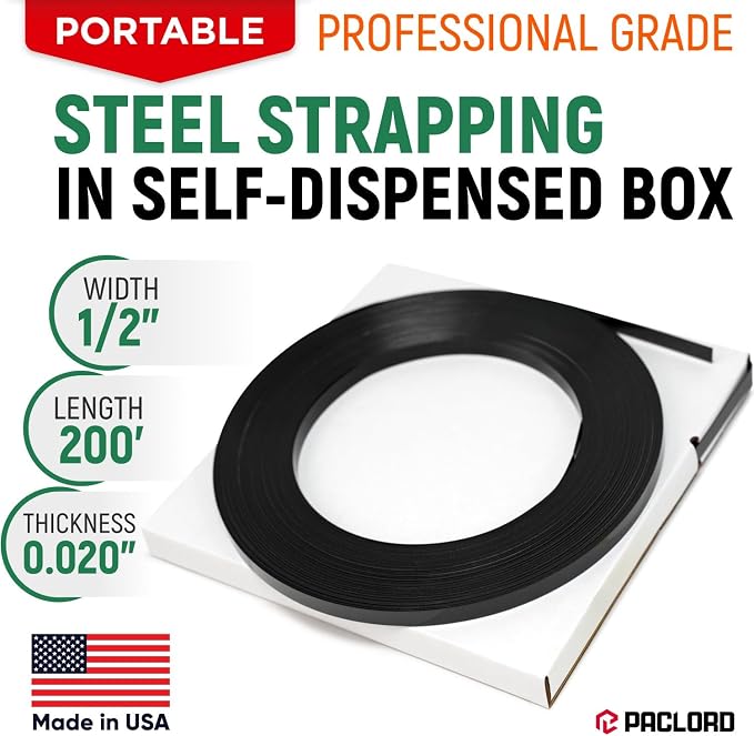 1/2" x 200' Heavy-Duty Steel Strapping in Portable Self-Dispensed Box, 0.020" Thick, 1180 Lbs Break Strength - Pallet Steel Banding with Superior Cut-Resistance - Approved for UPS Shipping | 0.020" Thick, 1180 Lbs Break Strength - Pallet Steel Banding ...