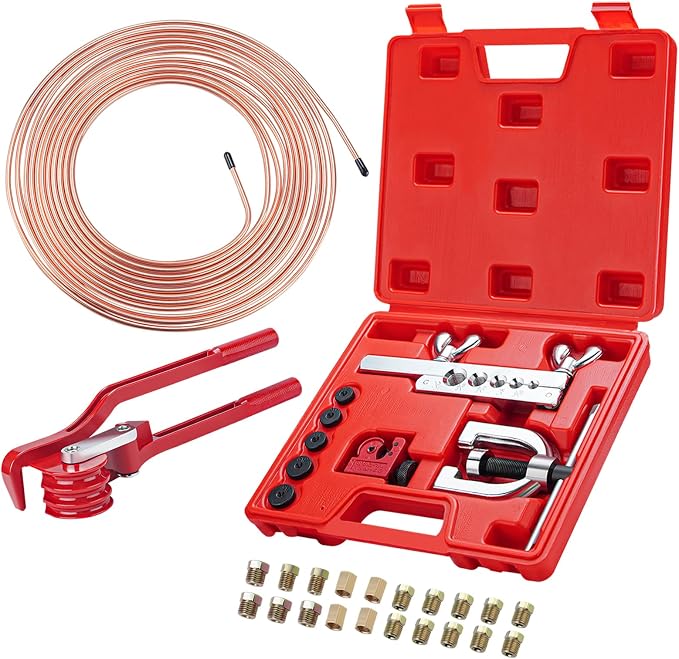 25 ft 3/16" Copper Coated Brake Line Kit 16 Brake Line Fittings and 4 Unions Brake Line Fittings Double & Single Flaring Tool Kit Brake line Bender