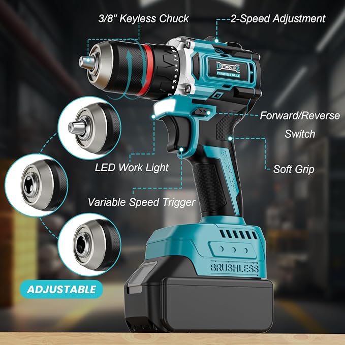 DIYtoolifz Power Drill Cordless Compatible with Makita 18V Battery (Tool Only) 1/2" Brushless Electric Drill Set,440 In-lbs(50N.m) Electric 18V Drills Driver Tool, Variable Speed Mode for Home,Garden