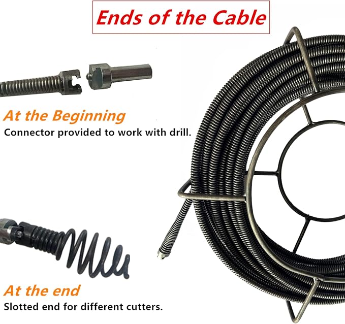 Drain Cleaning Cable 100 Feet x 3/8 Inch, Hollow Core Steel Sewer Cable with 8 Cutter for 1.6" to 4" Pipes, Sewer Auger Cleaner Cable for Sink, Floor Drain, Toilet (100 Feet x 3/8 Inch)