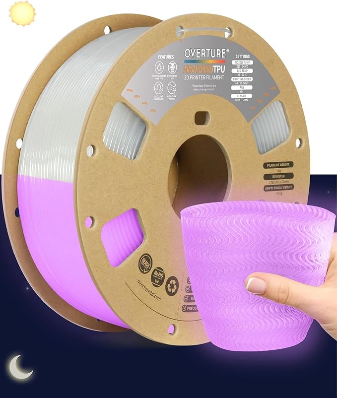 OVERTURE High Speed TPU 95A Flexible 3D Printer Filament 1.75mm | High Elasticity & Durability Filament,1kg Spool(2.2lbs),Fit Most FDM Printer(HS TPU Luminous Pink)