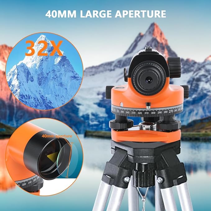 Automatic Optical Level 32X with Self-Leveling Magnetic Dampened Compensator and Transport Lock, Height/Distance/Angle Measuring Tool 393Ft of 3/10" at 100Ft Leveling Accuracy IP54 Waterproof