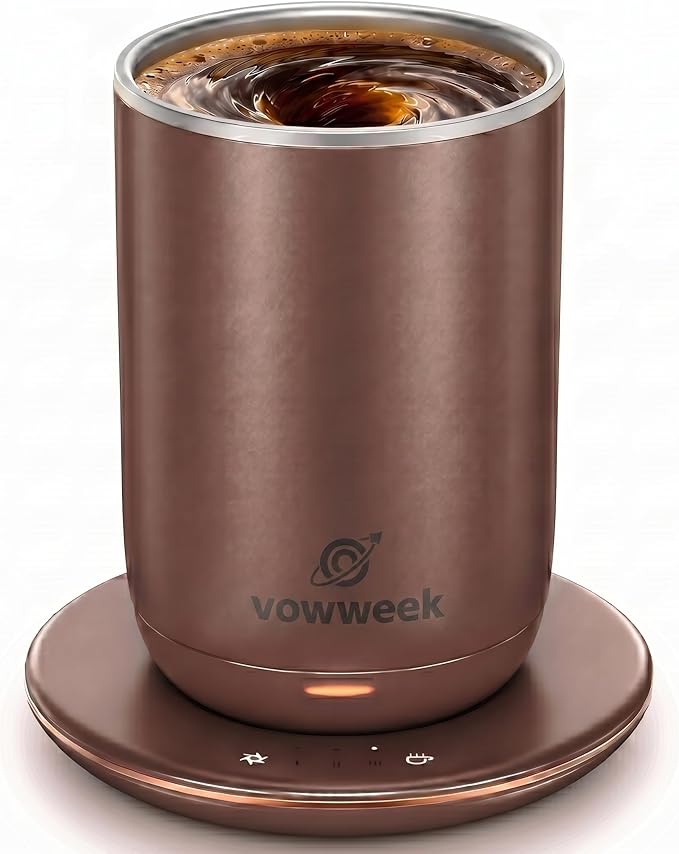 Self Stirring Heated Coffee Mug, 10 oz Auto Magnetic Mixing Cup, MochaBrown | 304 stainless steel interior. Includes 3 heat settings, 8H auto shut-off, plug-in base for home office desk