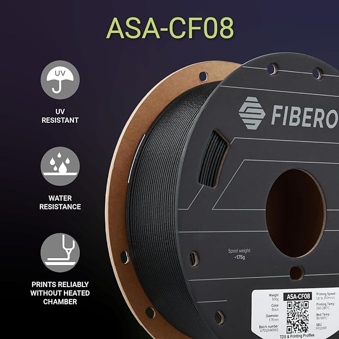 Polymaker Fiberon ASA-CF08 Black Carbon Fiber 3D Printing Filament 1.75mm 0.5KG, UV & Weather Resistant, High Rigidity, Heat Resistant, Easy to Print, Functional Parts & Prototypes, 6 Vibrant Colors