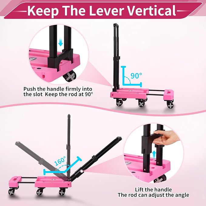 Folding Hand Truck Lightweight Hand Truck Dolly Foldable,Luggage cart with 6 Rotate Wheels, Utility Cart with Adjustable Handle,Collapsible Dolly for Moving (Pink)