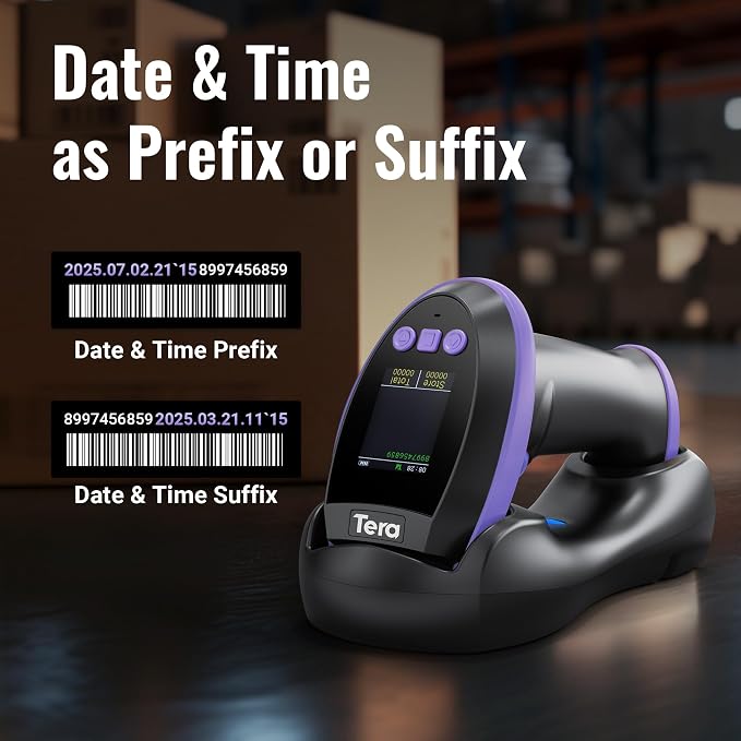 Tera Barcode Scanner Wireless with Screen: Pro Version 1D 2D QR with Setting Keypad Charging Cradle Works with Bluetooth 2.4G Wireless USB Wired Handheld Bar Code Reader HW0009 Purple