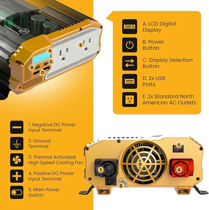K KRIËGER 2000 Watts Power Inverter 12V to 110V, Modified Sine Wave Car, Dual 110 Volt AC Outlets, DC to AC Converter with Installation Kit Included - ETL Approved to UL and CSA Standards