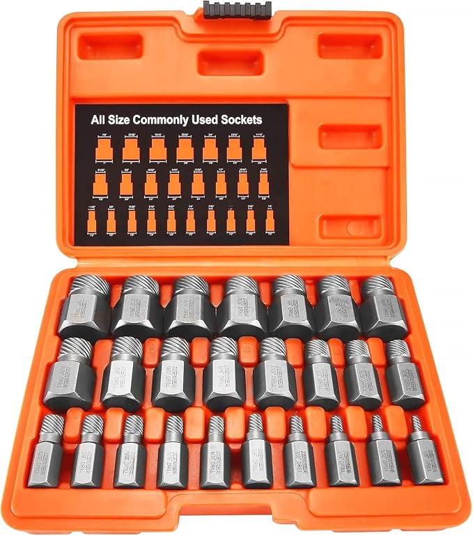 XEWEA 25Pcs Screw Extractor Set, Hex Head Multi-Spline Easy Out Bolt RemoverTool, High-Hardness Cr-Mo Steel EZ Out for Removing Stripped, Broken Rusted Bolts Screws, Father's Day gift