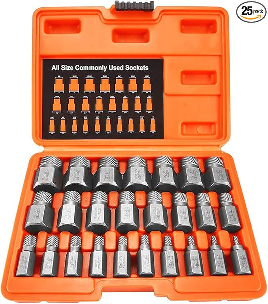 XEWEA 25Pcs Screw Extractor Set, Hex Head Multi-Spline Easy Out Bolt RemoverTool, High-Hardness Cr-Mo Steel EZ Out for Removing Stripped, Broken Rusted Bolts Screws, Father's Day gift