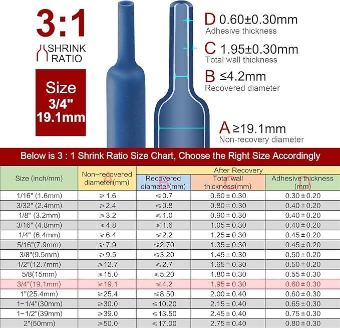 Chanzon 3:1 Ratio - 80ft Roll - Heat Shrink Tubing 3/4" (19.1mm) - Marine Grade Waterproof Adhesive Lined - (25M Total Length) Blue Polyolefin Sleeving Wrap Shrinking 3 to 1 Ratio 1pcs