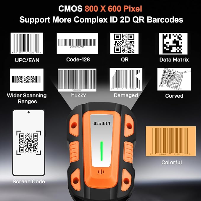 KUIIYER 1D QR 2D Industrial Barcode Scanner with Upgraded Charging Dock, Wireless Bluetooth Professional Bar Code Scanners, USB Plug & Play Handheld Barcode Reader for iPhone, Android, Computers & POS