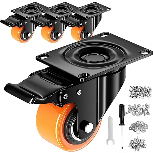 2 Inch Caster Wheels, Casters Set of 4, Heavy Duty Casters with Brake, Locking Industrial Swivel Top Plate Casters Wheels for Furniture and Workbench Cart(Two Hardware Kits Include)