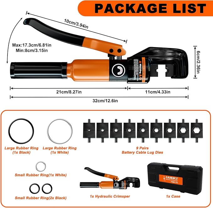 Sanuke Hydraulic Crimping Tool 12 AWG to 2/0 AWG, Battery Cable Lug Wire Terminal Crimper with 9 Die Sets, 1/8” Wire Rope Crimping Tool