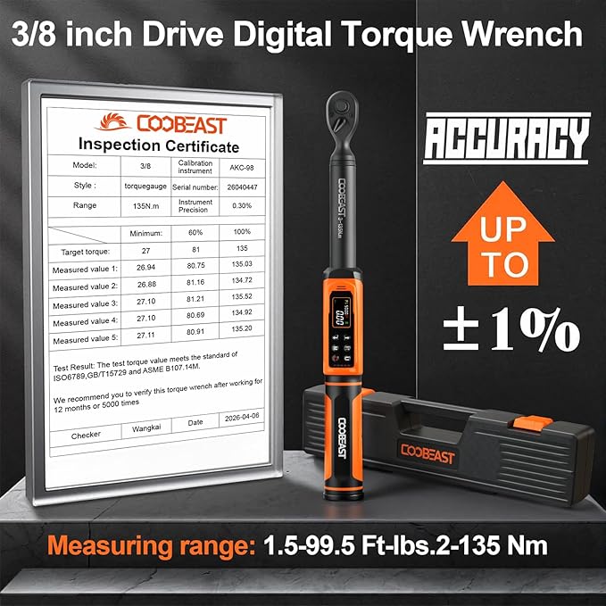 coobeast 3/8 Digital Torque Wrench,Adjustable Electric Torque Wrench Tool Set with Preset Value(1.5-99.5 Ft-lbs./2-135 Nm),with Buzzer and LED Alert, Portable Wrenches Set for Bike Motorcycle(Black)