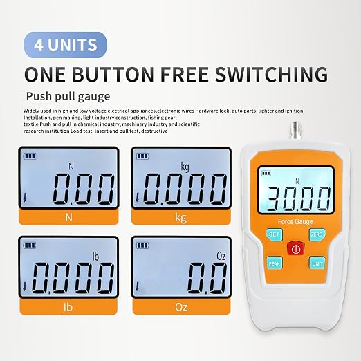 Digital Force Gauge Push and Pull Meter Dynamometer Tension Pressure Tester Thrust Meter Compression Load Plug Force Destructive Tests 30N/3kg/6.5lb/108Oz