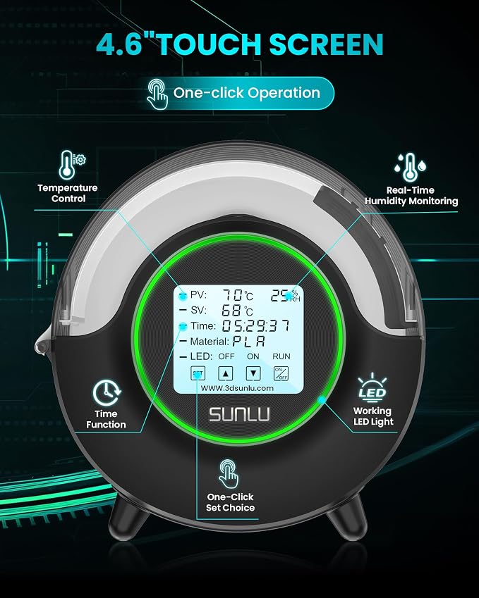 SUNLU Official Filament Dryer S2, for PLA PETG ABS Filament, Black | Upgraded 3D Filament Dryer with 360°Heating Fan, Filament Dehydrator, One-Key Set with 4.6" Touch Sreen