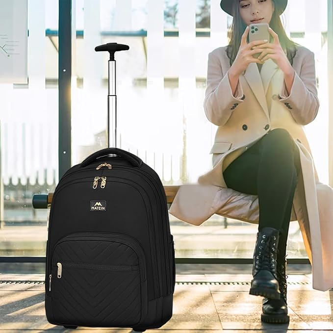 MATEIN Wheeled Backpack, 18 Inch Large Water Resistant Laptop Backpack with Wheels, Carry On Business Roller Bag for Women, Trolley Suitcase for Adults to Travel, Overnight Work Bag for College, Black