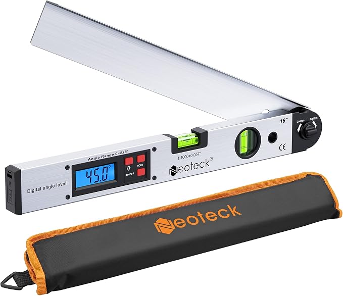 Neoteck 16 inch Digital Angle Finder 225° Aluminum Protractor, LCD Backlight, Bubble Level ±0.5° Accuracy, Data Hold & Locking Knob, Auto Shutdown, Portable Bag, for Woodworking & Construction