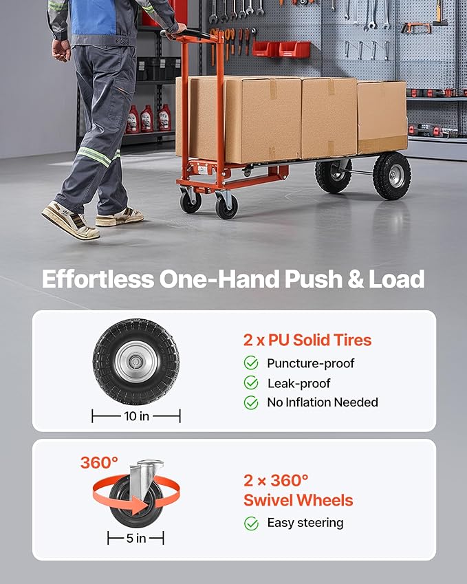 VEVOR 4 in 1 Hand Truck, 1000 lbs Load Capacity for 4-Wheel Mode, Convertible Hand Truck Dolly with Non-Slip Handle & Wheels, Aluminum Alloy Portable Trolley Dolly for Moving Home, Office, Warehouse