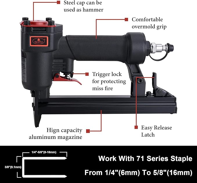 AEROPRO Tools 7116A 22 Gauge Air Stapler Pneumatic Staple Gun, 71 Series 3/8 Inch Crown 1/4-Inch to 5/8-Inch Upholstery Stapler for Upholstering, Woodworking and DIY Projects