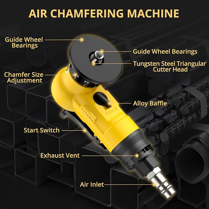 AMTOVL Pneumatic Chamfering Tool - Mini Air Chamfer Tool with 10 C-Angle & 10 R-Angle Blades, 45° 30000 RPM Chamfering Tool for Metal and Wood with 1/4" Air Inlet