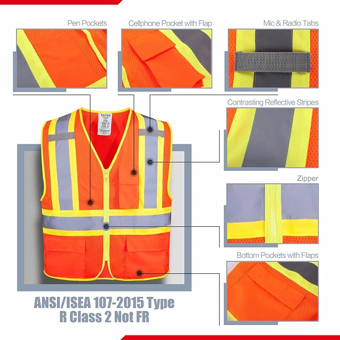 KAYGO Reflective High Vis Safety Vest with Pockets for Men and Women KG0100 | Breathable Polyester Lightweight, Two-Tone, ANSI Class 2, for Construction, Warehouse, Surveying, Cycling, Machine Washable