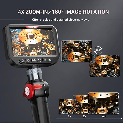 Ralcam 3.9mm Two-Way Articulating Borescope, 5 Inch HD Industrial Endoscope Inspection Camera with Light, Stainless Steel Flexible Fiber Optic Scope Camera 0.15in Automotive Mechanics Tool