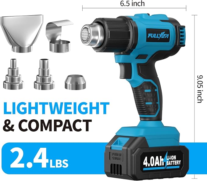 FULLYEA Heat Gun Cordless, Max 1022°F (550°C), Hot Air Gun Kit with 2x4.0Ah Batteries & 5 Nozzles, Lightweight Portable, Battery Heat Gun for Shrink Tubing, PVC Wrap, DIY Craft (Blue)