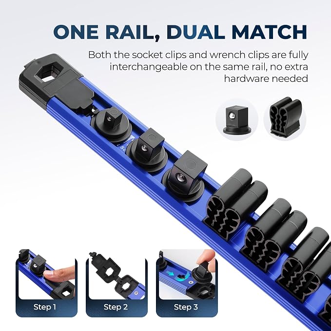 Reniteco 6-Piece Magnetic Socket Organizer and Magnetic Screwdriver Organizer Set, 1/4" 3/8" 1/2" Drive Aluminum Rail & 3-Piece Wrench Screwdriver Holder, Interchangeable Clips, Sockets Not Included