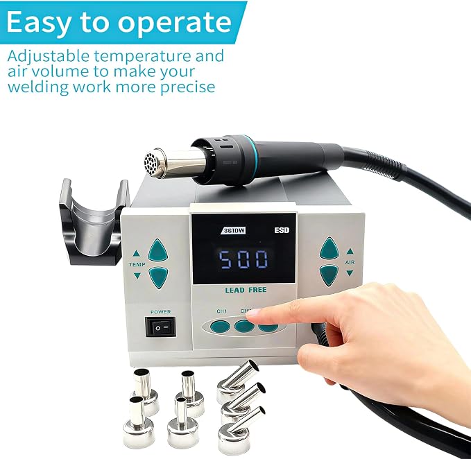 861DW Hot Air Rework Station, 110v 1000W Digital Display Automatic Sleep Hot Air Gun Soldering Station, with 7 air nozzles, Adjustable Temperature Desoldering Gun BGA Rework Station