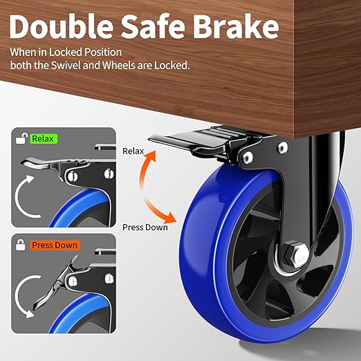 5 Inch Caster Wheels Heavy Duty Swivel Casters Set of 4 with Dual Locking,Industrial Plate Casters, Locking Casters Wheels for Furniture,Workbench(Free Hardware Kit)