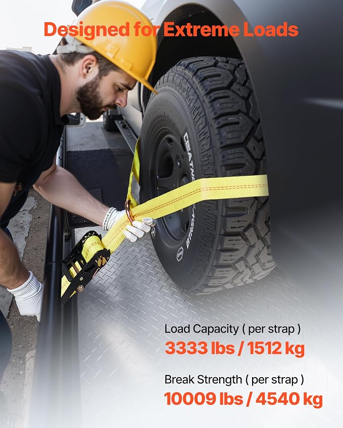 VEVOR Wheel Chock Tie-Down Kit, Tire-Style Motorcycle Tie-Down System, Car Kit with Flat Hook, Break Strength 10009 lbs & Working Load 3333 lbs Trailer Strap for ATVs, SUVs, Trailers