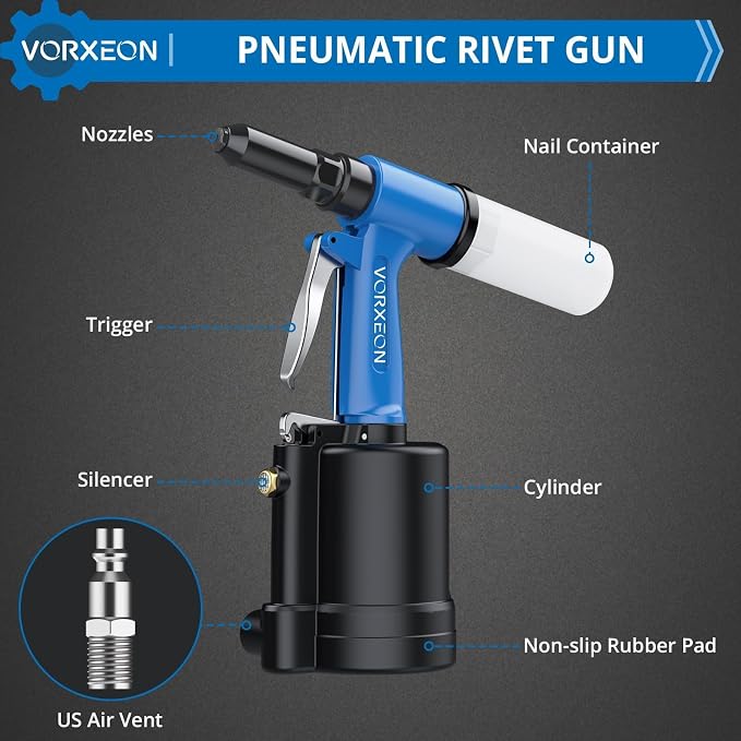 Air Rivet Gun 5 Nosepiece Sizes 3/32" to 1/4" with 3916 lbf Power Riveting for Heavy-Duty Automotive, Metalworking, HVAC and Construction Industrial Pneumatic Riveter Tool