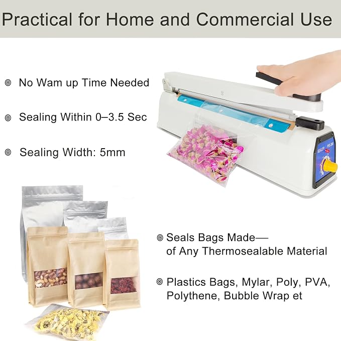 Impulse Heat Sealer 12 Inch 5mm Mylar Bag Sealer, Iron Shell Sealer, Plastic Bag Sealer Machine, with 4 Replacements Kit (2 Cutting Lines Included)