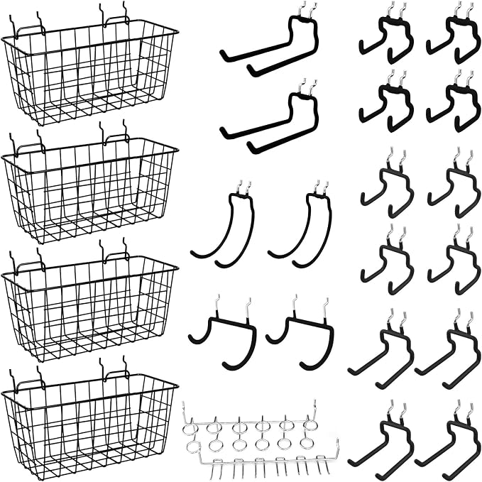 1/4-inch Pegboard Accessories Organizer Kit Total 24 Pieces Set, 20 Pack Heavy Duty Pegboard Hooks and 4 Pack Peg Baskets, Pegboard Hooks Assortment for Garage Craft Workshop Workbench Hobby Office