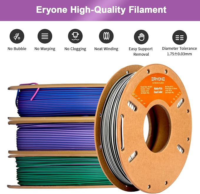 ERYONE PLA Filament 3D Printer Filament Bundle Multicolor 1.75mm +/- 0.03mm, PLA Filament 250g Spool, 4 Rolls, Matte Dual Color 2