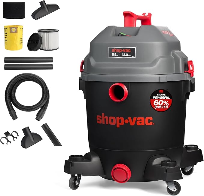 Shop-Vac 5430098 Ultra Quiet Wet/Dry Vacuum, 12 Gallon, 5.5 HP Powerful Suction & Heavy Duty for Jobsite, Garage, Workshop & Home