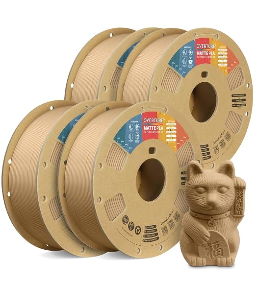 OVERTURE 4KG Bundle Matte PLA, Low Warp & Matte Surface 3D Printer Filament | Frosted Matt Finish Hides Layer Lines, 4 Pack 1kg Spool (2.2lbs) Cardboard Spool, Fit Most FDM Printer (Matte Light Brown*4)