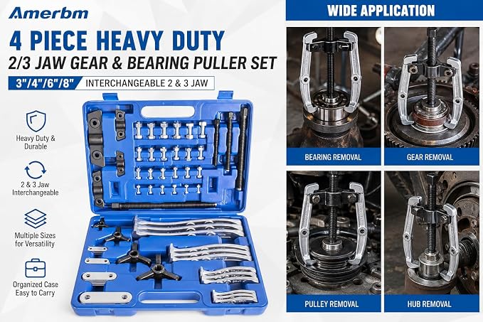 4-Piece Gear Puller Set, Heavy Duty 2 and 3 Legged Hub Pulley Puller Bearing Separator Kit (3" 4" 6" 8") for Removing Flywheels, Sprockets, Ball Races and Gears - Pro Mechanical Removal Tools