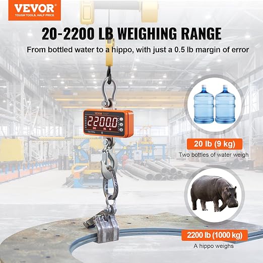VEVOR Crane Scale, Hanging Scale Industrial Heavy Duty, Digital Crane Scale with Remote Control, Cast Aluminum Case & LED Screen, 2200 lbs/1000 kg,High Precision for Construction, Factory, Farm