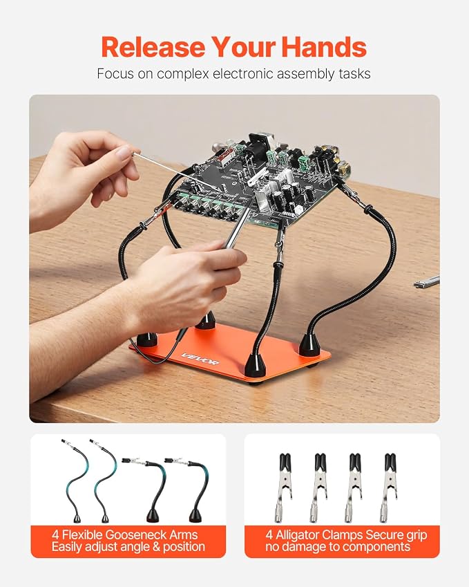 VEVOR Magnetic Helping Hands Soldering Station, 4 Flexible Arms Third Hand Tool, with 6 PCB Pillar Holders & 360 Hot Air Gun Holder, Heavy-Duty Base Soldering Helper for Electronic Repair Craft