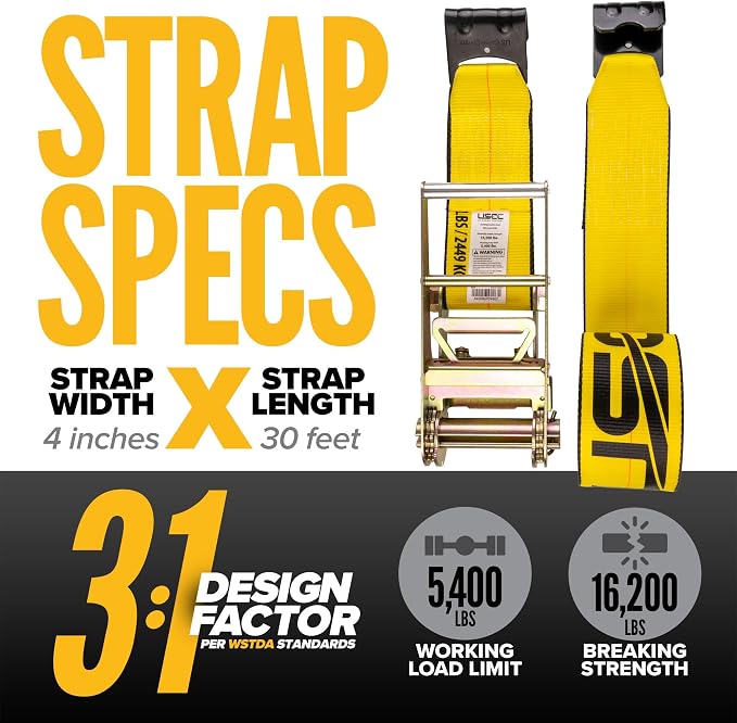 US Cargo Control Flat Hook Ratchet Straps 4” x 30’ (4-Pack), 5,400 LBS Working Load Limit, Yellow 4 Inch Ratchet Straps with Black Flat Hooks, Professional 4 Inch Straps for Flatbed Trailers