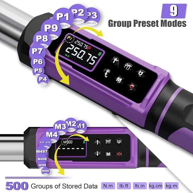 ANPUDS Digital Torque Wrench Set 3/8" & 1/2" Drive, ±1% Accuracy | 0.66-44.25 Ft-lb & 3.76-250.75 Ft-lb, Electric Torque Wrench with Vibration/Buzze/LED Flash Alert, for Car Motor Bike Repair