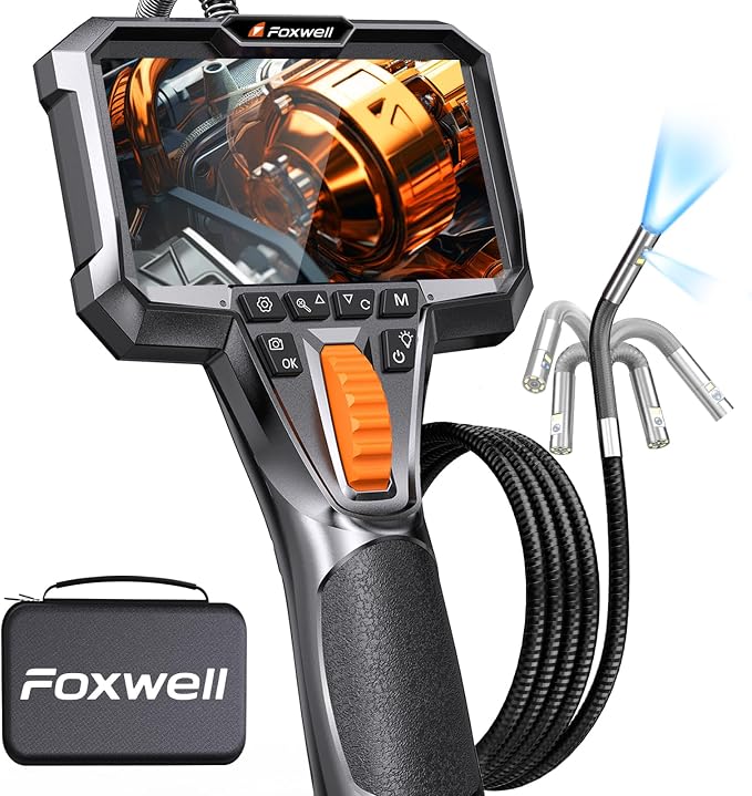 FOXWELL Dual Lens Two-Way Articulating Borescope, 1080P Endoscope Camera with Light, IPS HD Screen, IP67 Waterproof, 5.3FT Flexible Semi-Rigid Snake Scope for Automotive Engine Pipe Home Inspection
