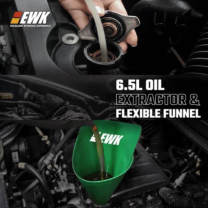 EWK Oil Change Bundle, 6.5L Pneumatic/Manual Fluid Extractor Pump + Flexible Reusable Funnel, Complete DIY & Pro Kit for Clean, Fast, Mess-Free Engine Maintenance